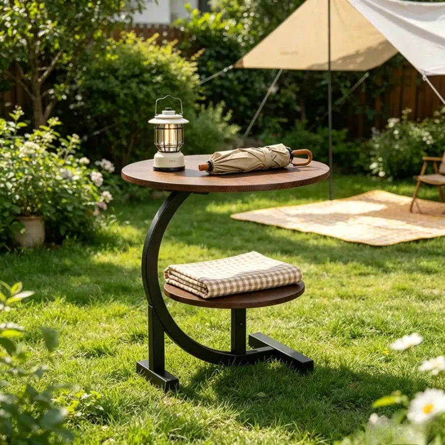 Two Tier C Shaped Outdoor Metal Frame Patio Side Table