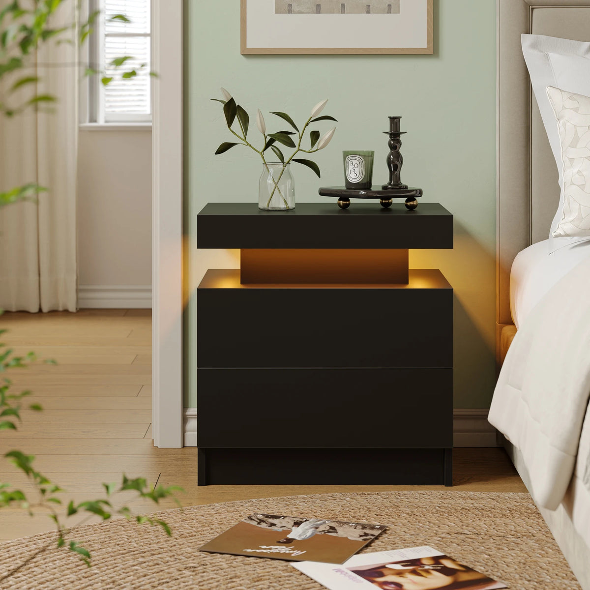 Cubehom LED Nightstand With Two Drawers And Adjustable RGB Lights