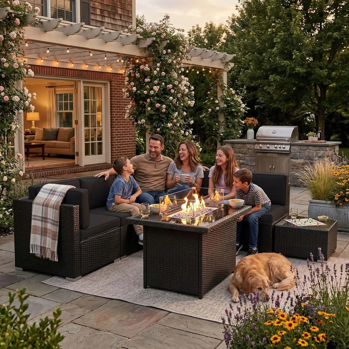 Wicker Outdoor Patio Furniture Set With Gas Fire Pit Table