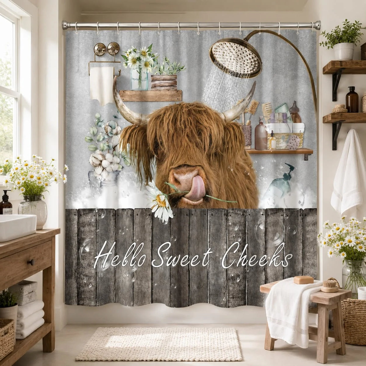 Highland Cow Scenic Polyester Shower Curtain for Farmhouse Bathrooms