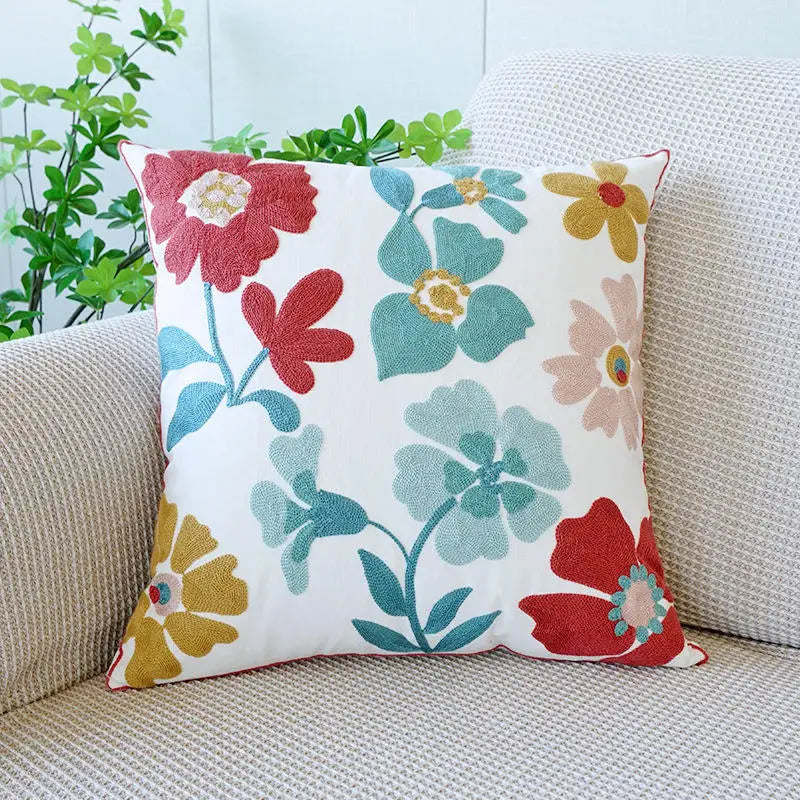 Floral Embroidered Cotton Blend Nordic Style Pillow Cover For Sofa