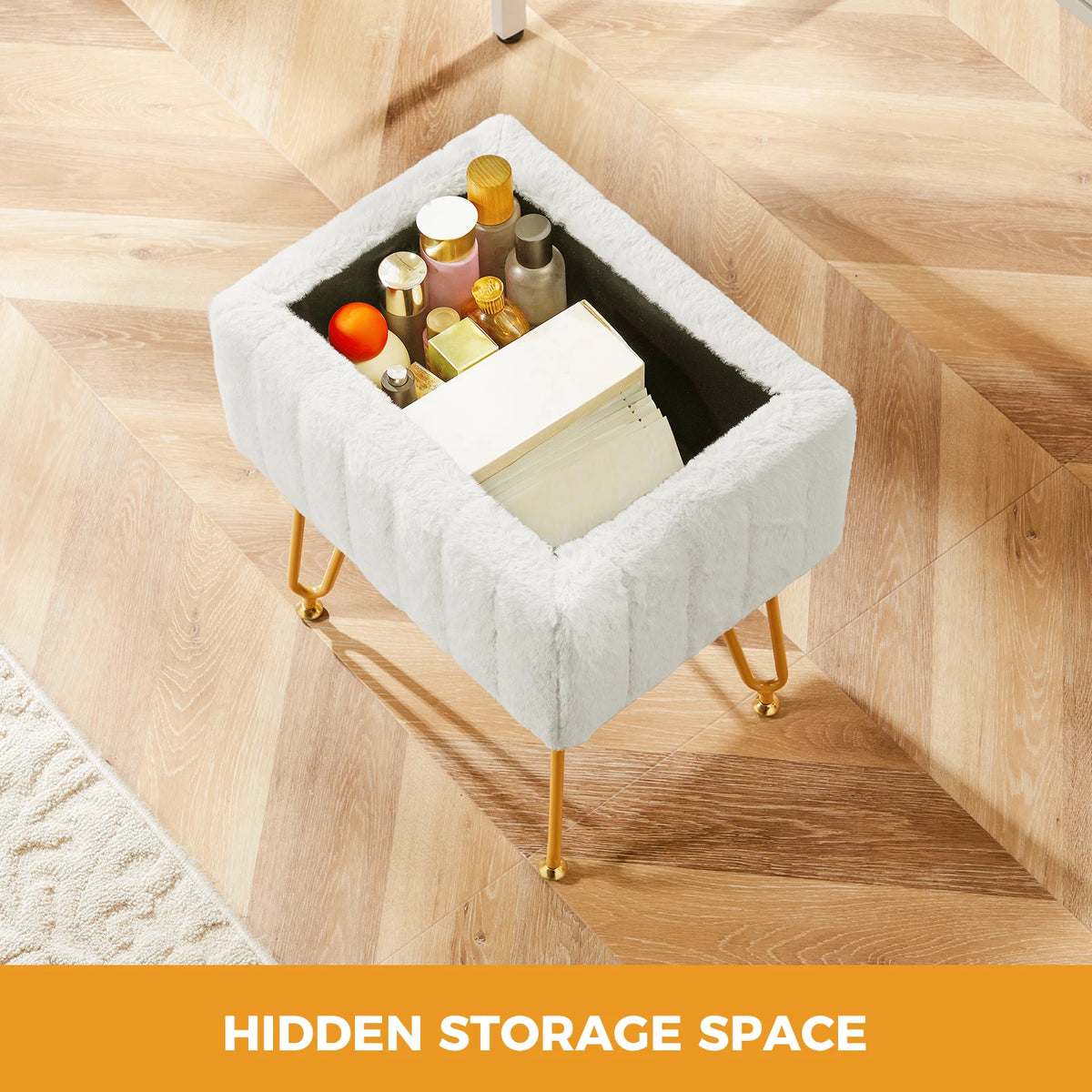 JHK Faux Fur Padded Storage Ottoman With Modern Metal Legs