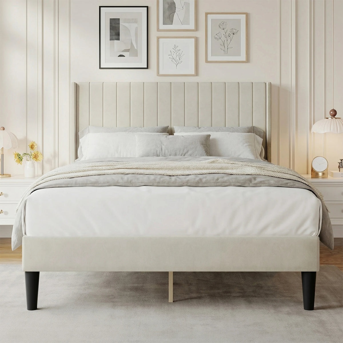 MCQ Wooden Bed Frame With PU Leather Wingback Headboard
