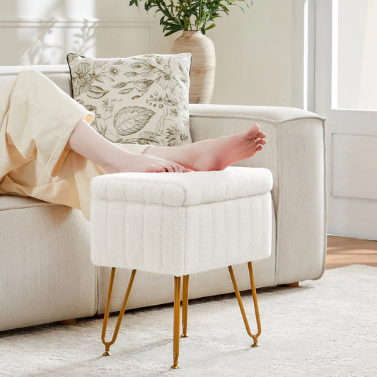 JHK Faux Fur Padded Storage Ottoman With Modern Metal Legs