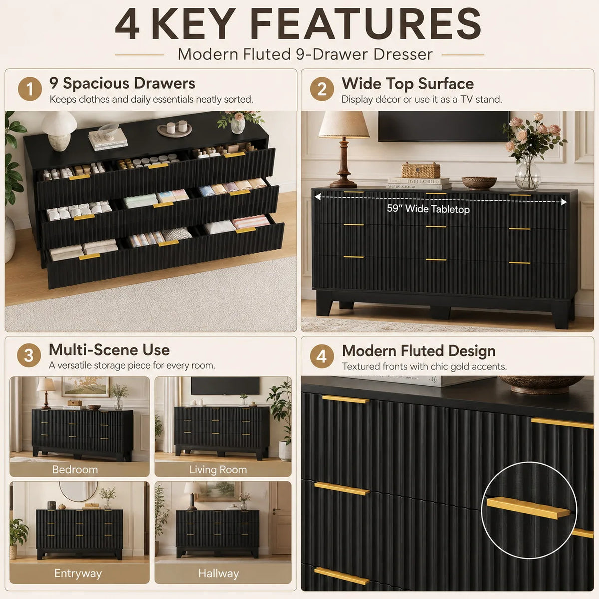 Modern Fluted Wood Nine Drawer Dresser With Storage Cabinet