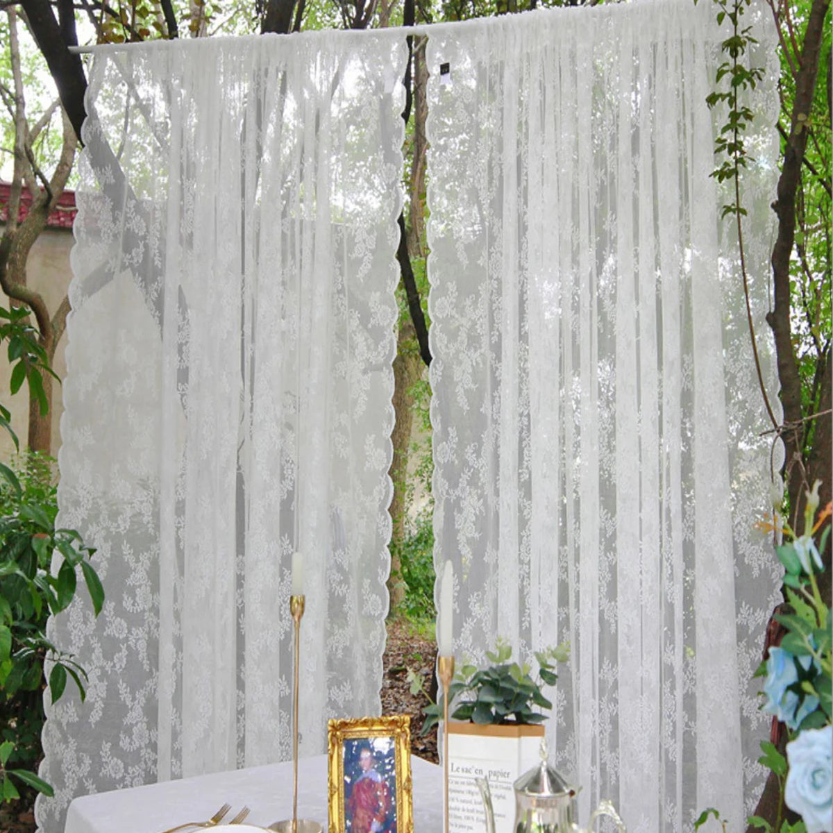 Romantic Flower Lace Sheer Window Curtain With Rod Pocket
