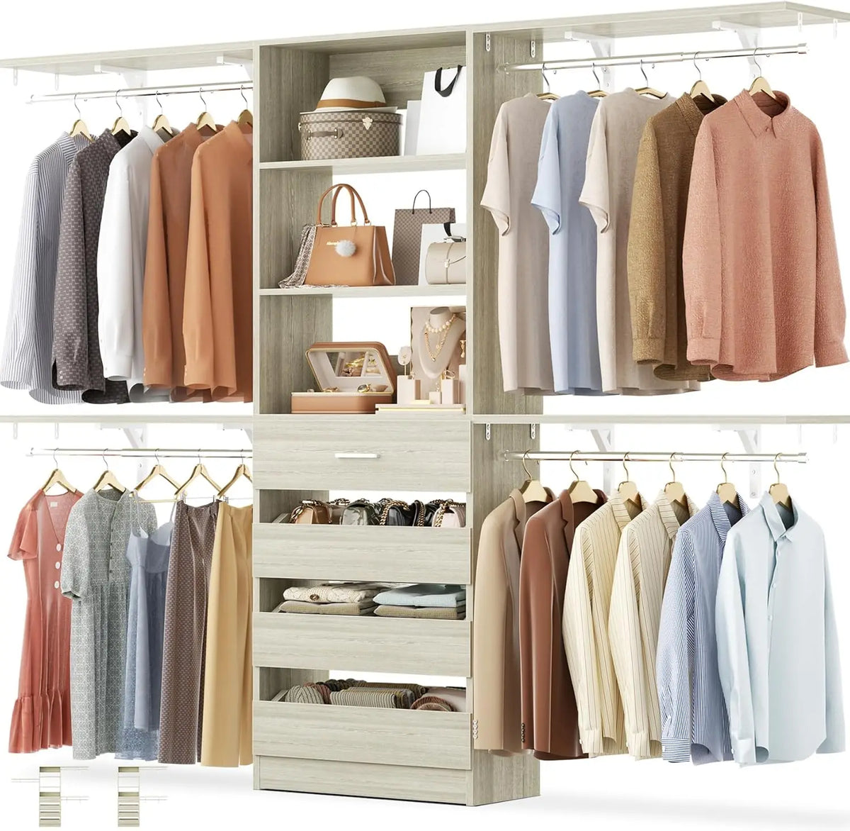 Closet System with Drawers Set of 2, Wood Closet Organizer System with 8 Hanging Rods & Top Shelves, Walk-in, Customized