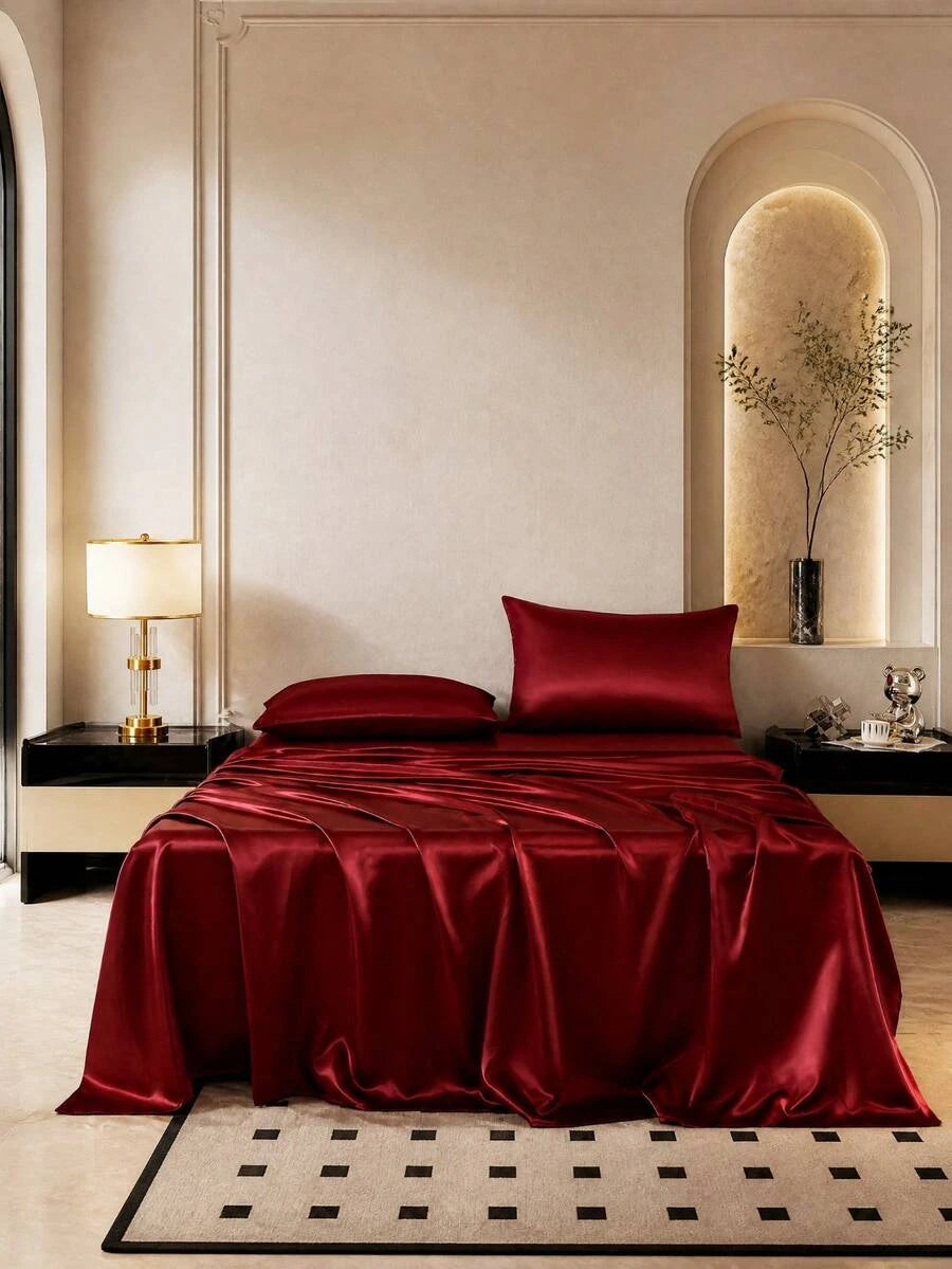 Premium Solid Color Silky Satin Bedding Set 4Piece Fitted Sheet Pillowcases