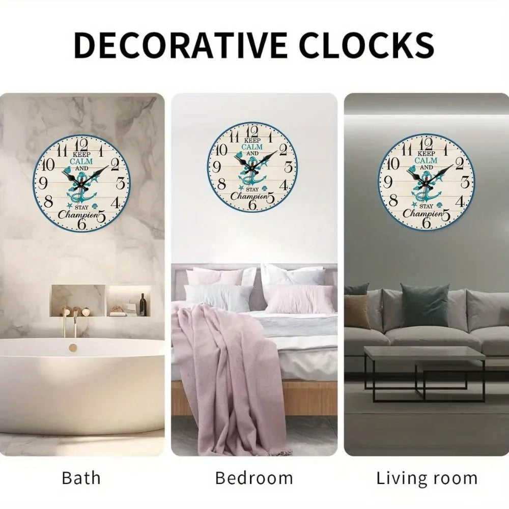 A Round Wall Clock with a Blue And White Ocean Theme, Silent And Non-Ticking, Perfect for Home Decoration During Holidays Or As