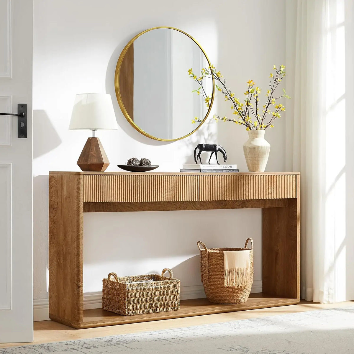 Fluted Engineered Wood Console Table With Two Large Drawers