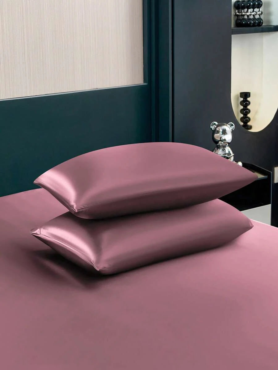 Premium Solid Color Silky Satin Bedding Set 4Piece Fitted Sheet Pillowcases