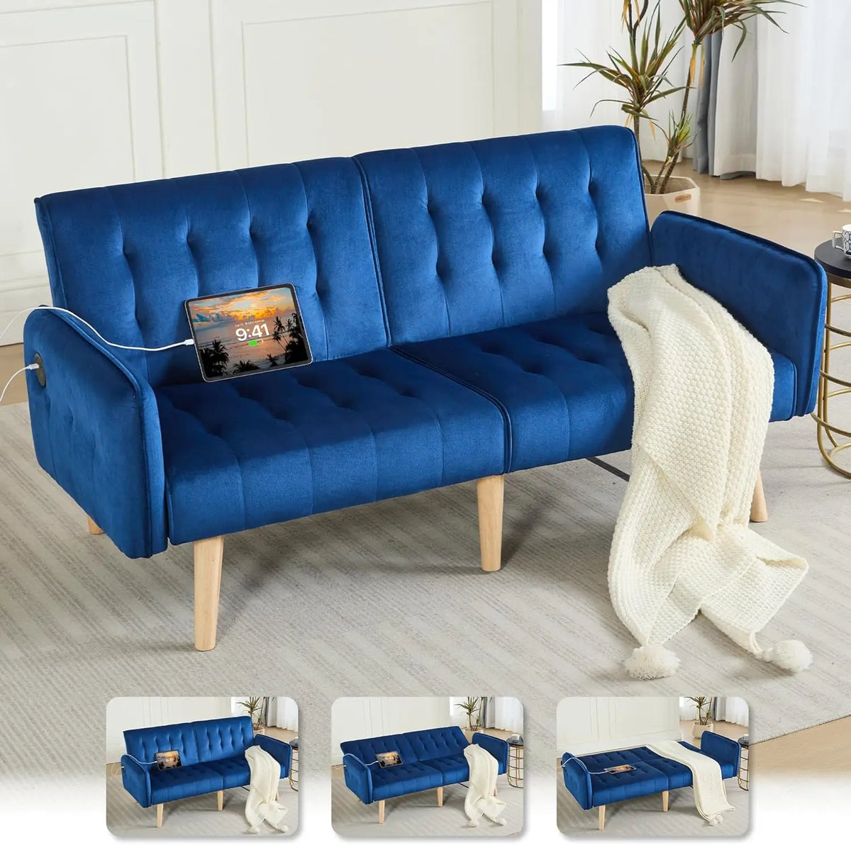 TYBOATLE Tufted Adjustable Futon Sofa Bed With USB Charging Ports
