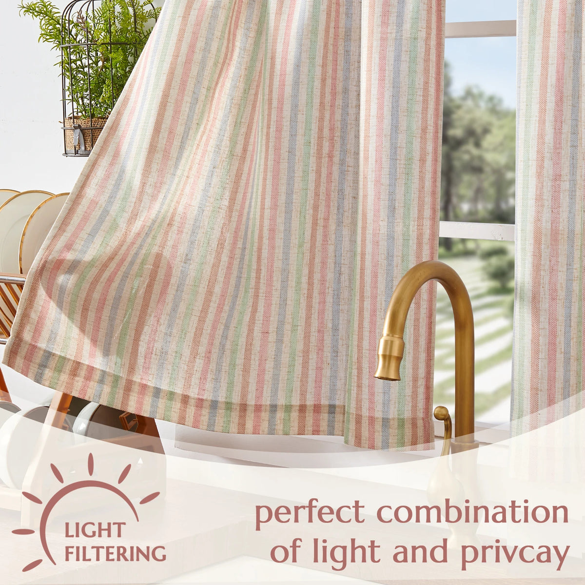Jinchan Faux Linen Striped Cafe Curtains Rod Pocket Light Filtering