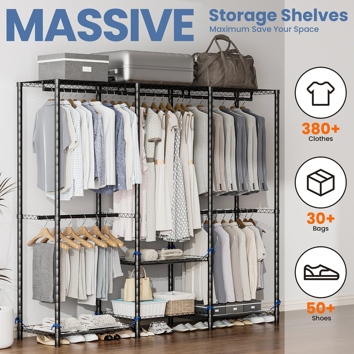 Freestanding Metal Clothes Rack Heavy Duty Storage Organizer