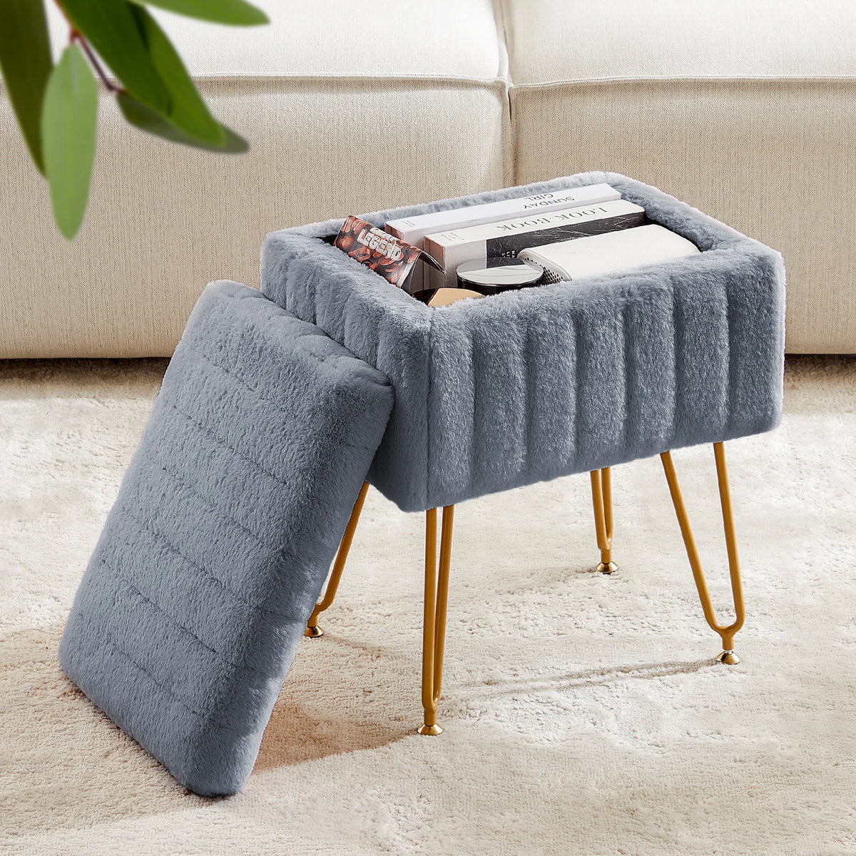 JHK Faux Fur Padded Storage Ottoman With Modern Metal Legs