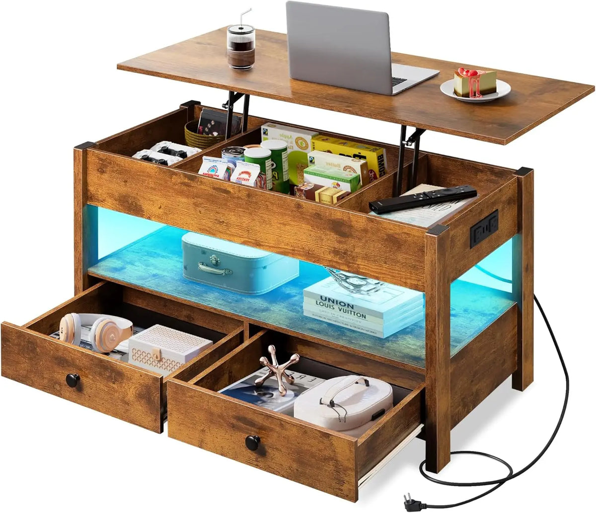 Wlive Lift Top Coffee Table With Drawers And Wooden Shelves
