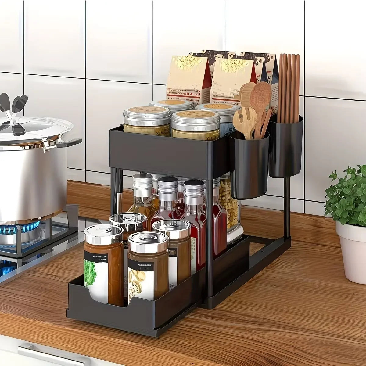 Under Sink Two Tier Pull Out Organizer With Baskets And Hooks