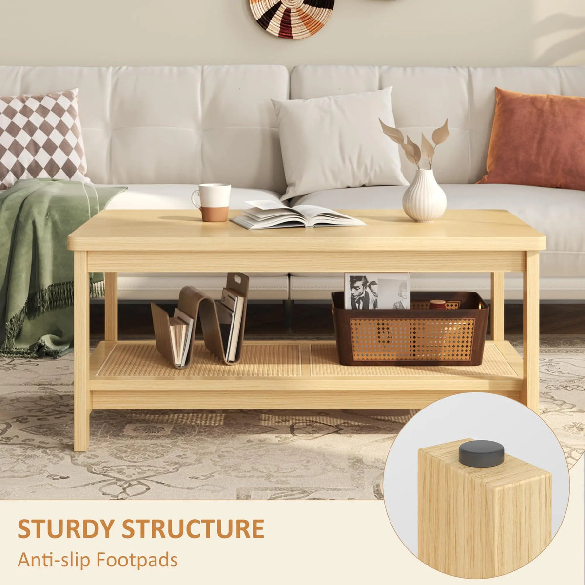HiMISS Mid Century Modern Two Tier Rattan Storage Coffee Table