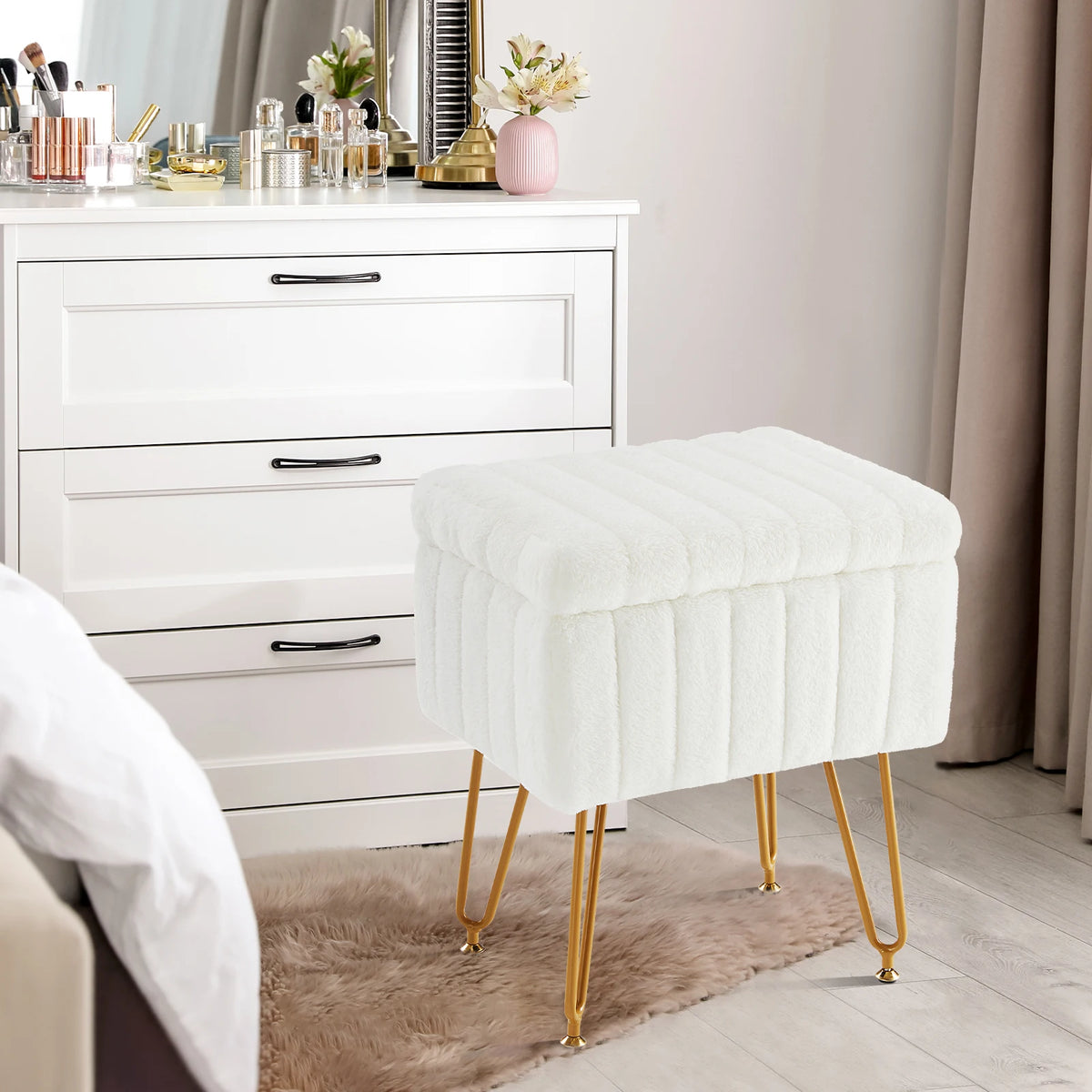 JHK Faux Fur Padded Storage Ottoman With Modern Metal Legs