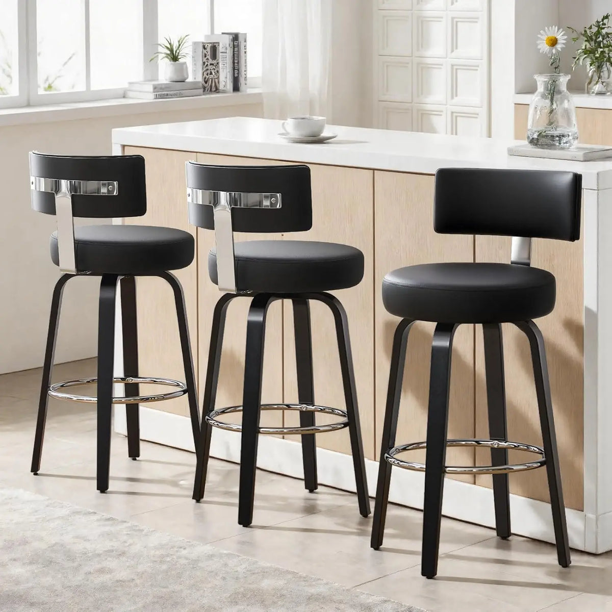 Elegant Kitchen Bar Stools With Leather Cushions And Wood Frames