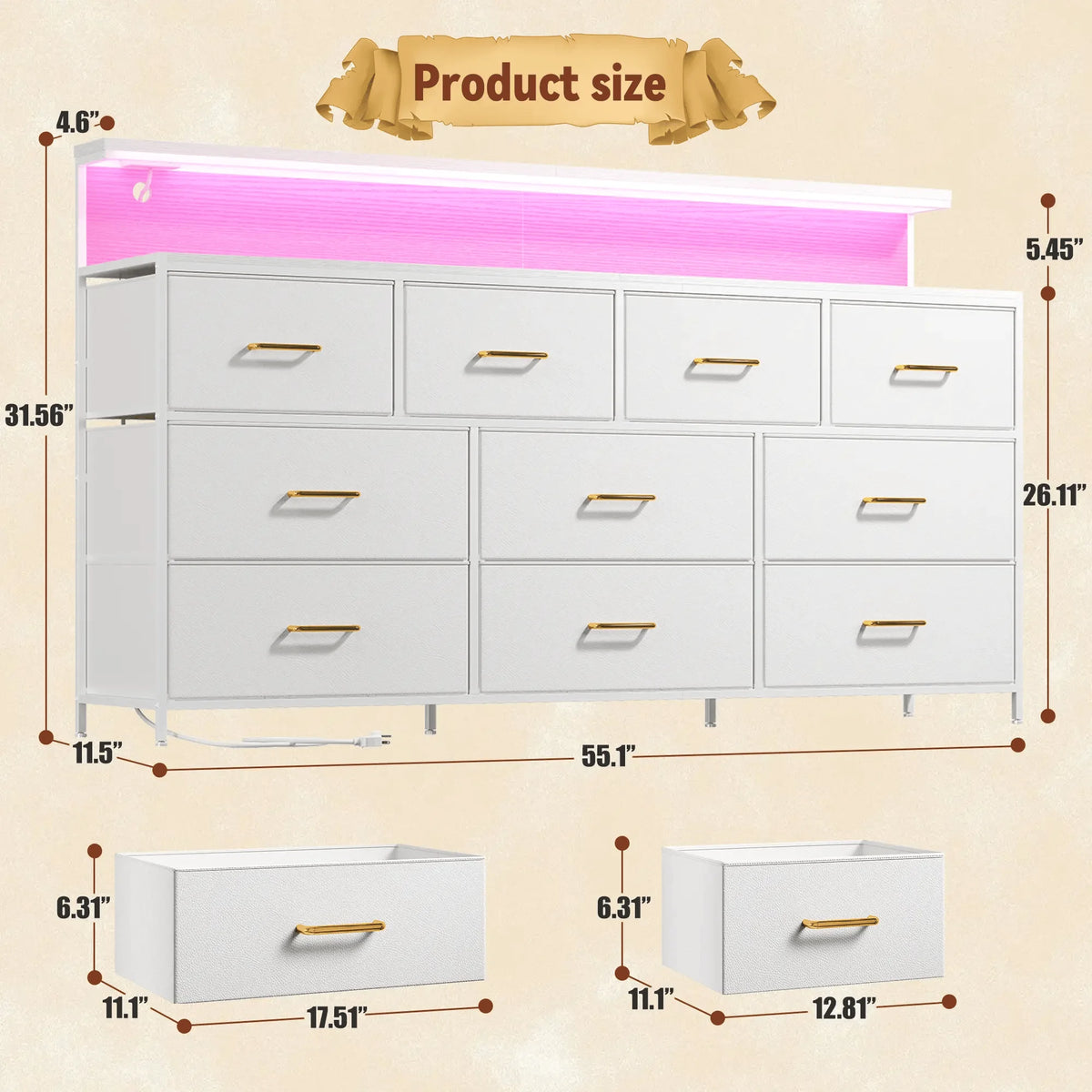 EnHomee 55 Inch Multi Function Dresser Ten Fabric Drawers Led Lighting