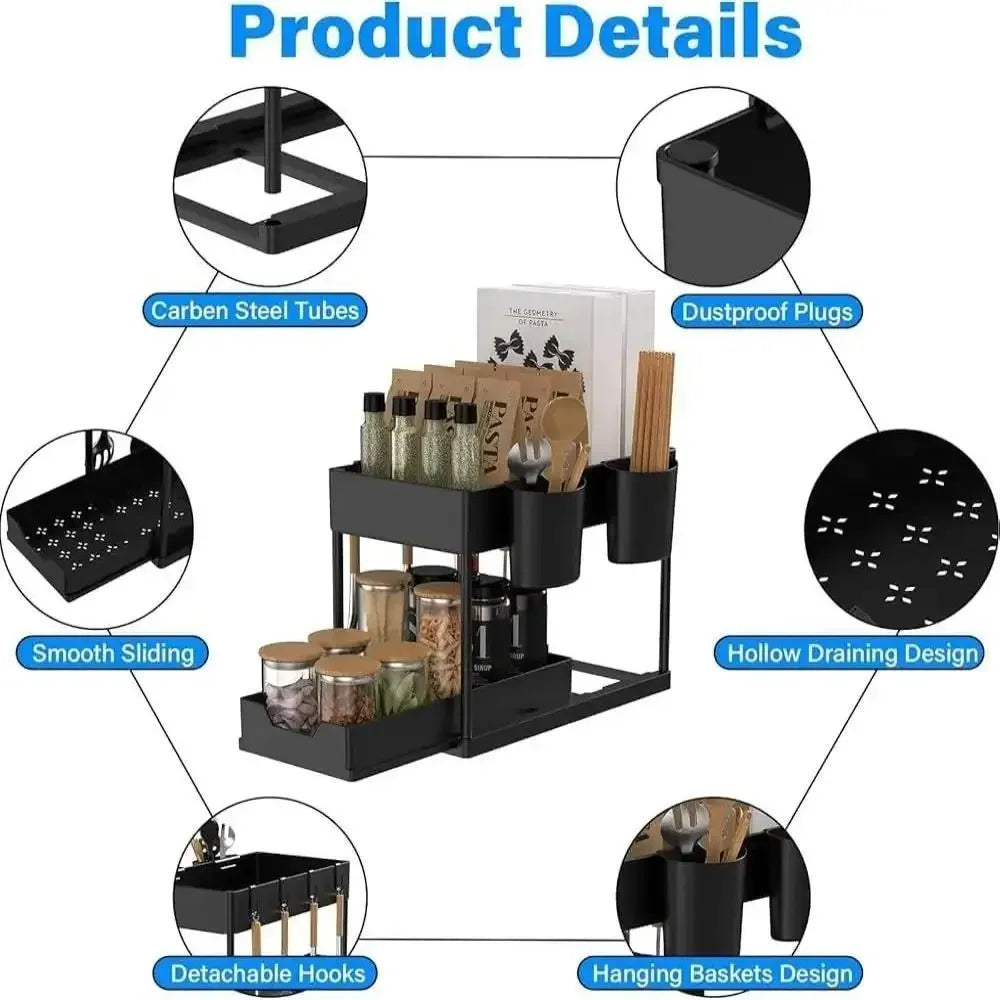 Under Sink Two Tier Pull Out Organizer With Baskets And Hooks