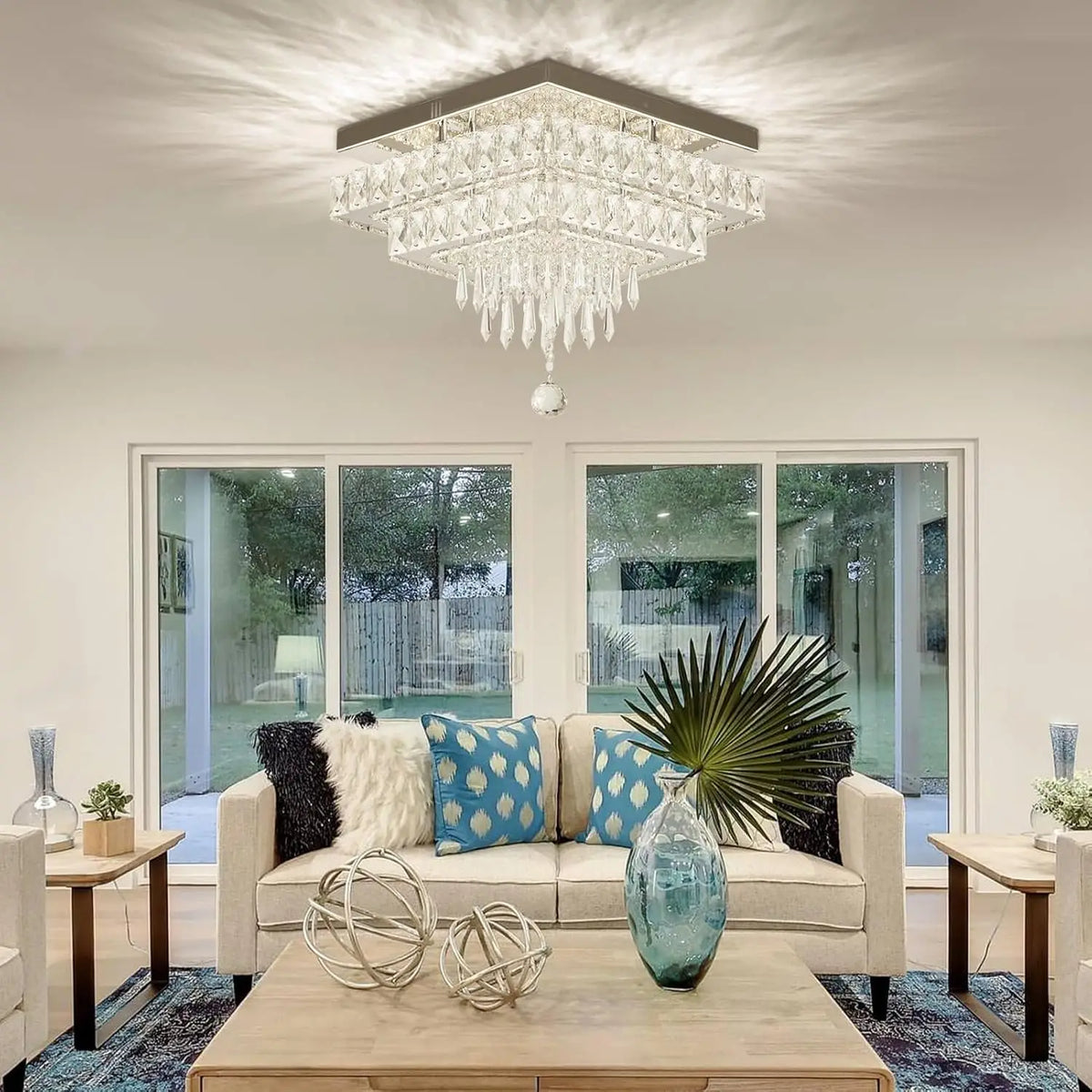 FRIXCHUR Dimmable Crystal Flush Mount Ceiling Chandelier With Remote Control