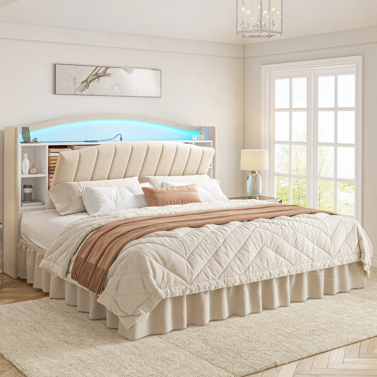 EnHomee Platform Bed Frame With Bookcase Headboard LED Charging Station