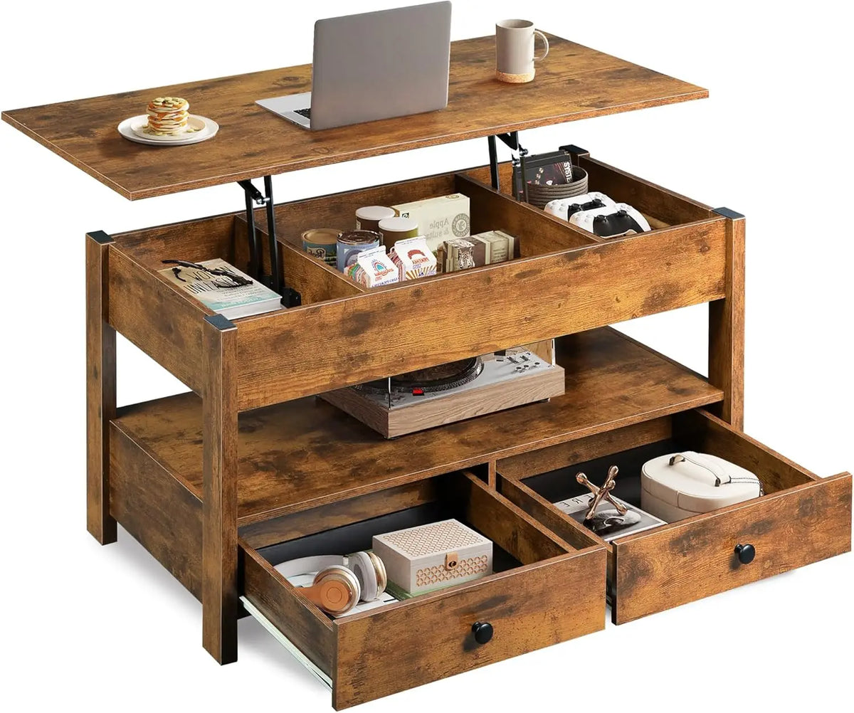 Wlive Lift Top Coffee Table With Drawers And Wooden Shelves
