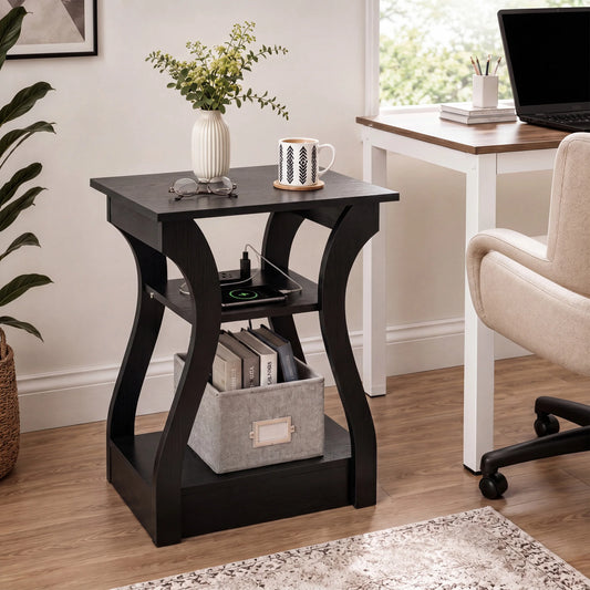 JHK Curved Living Room Cabinet End Table Charging Station