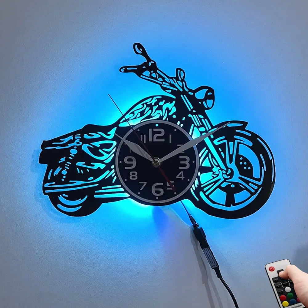 Motorcycle-Themed Wall Clock Featuring Silent Sweep Movement And Seven Color Night Light, Perfect for a 'S Room, for Man Cave, O