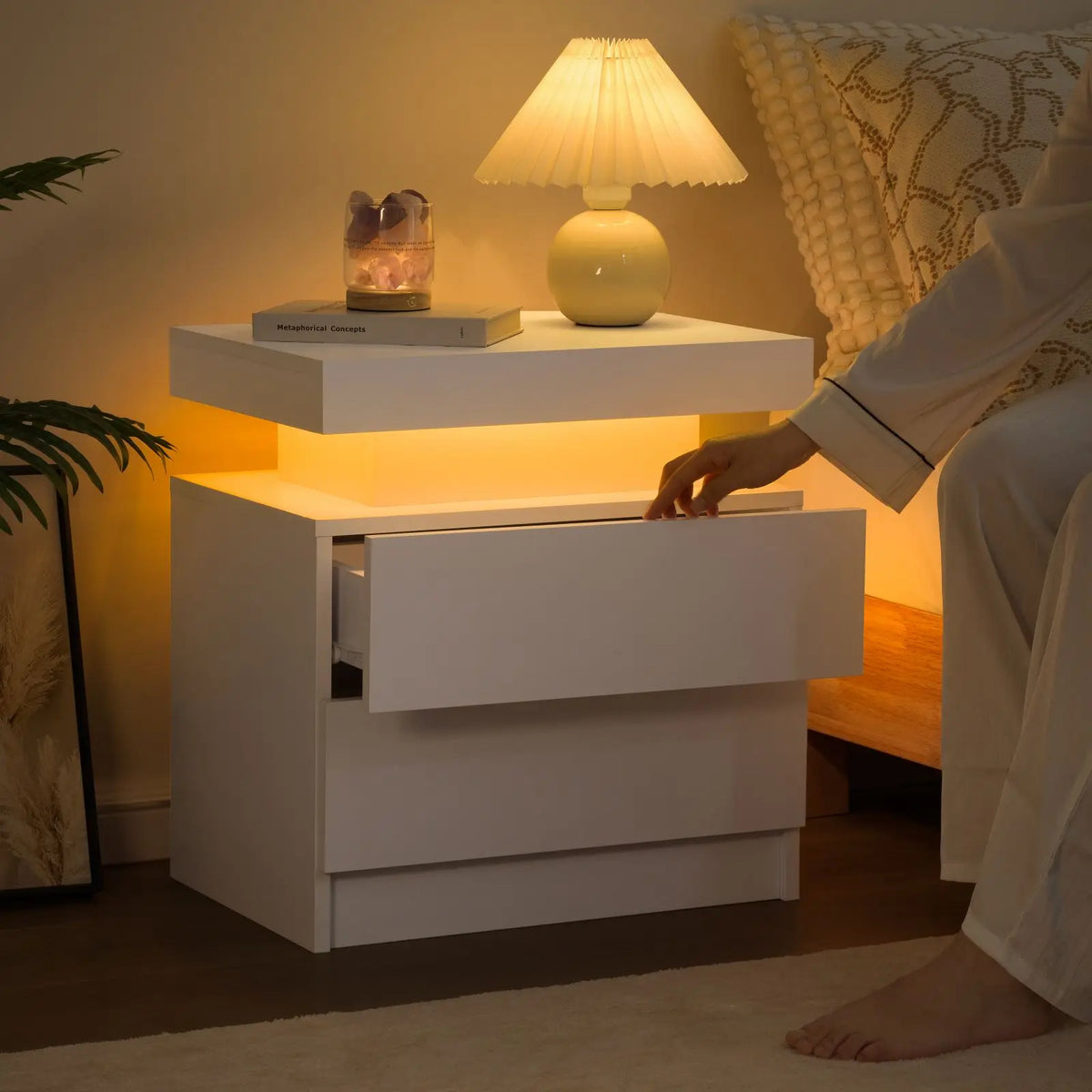 Cubehom LED Nightstand With Two Drawers And Adjustable RGB Lights