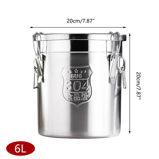 6L/12L Stainless Steel Cereal Container Kitchen Rice Oil Storage Bucket Airtight Canister with Locking Clamp for Rice Flour Milk