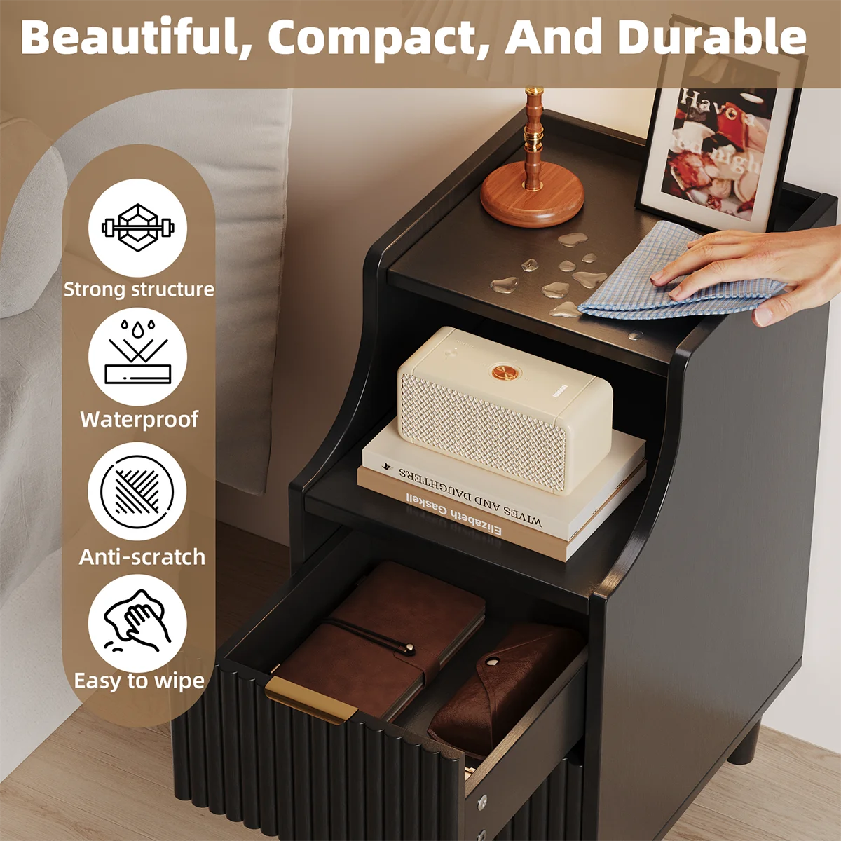 UGTOO Modern Narrow Nightstand With Two Drawers And Open Shelf