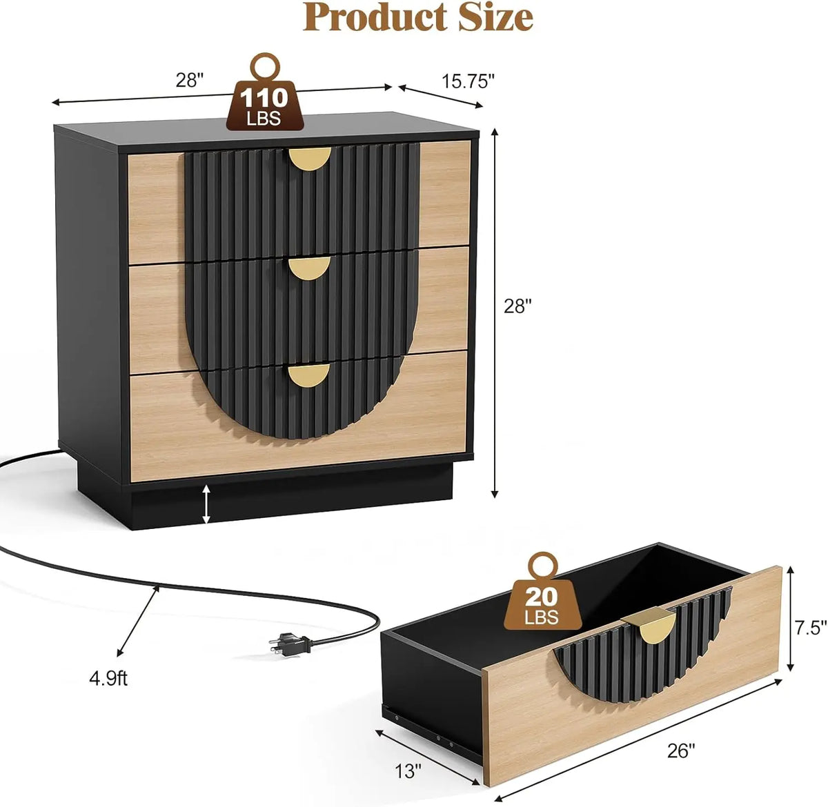 Modern Wood Nightstand With Three Drawers And USB Charging Port