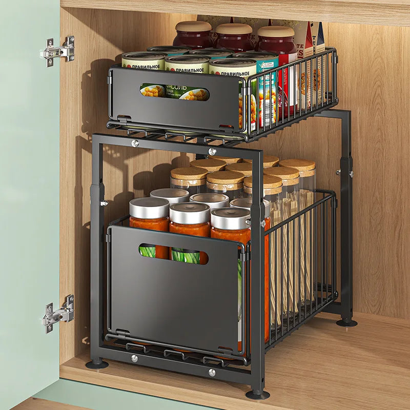 Aehome Heavy Duty Adjust 2 Tier Slide Out Under Sink Organizer Metal Kitchen Storage Shelf