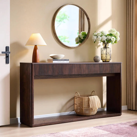 Fluted Engineered Wood Console Table With Two Large Drawers