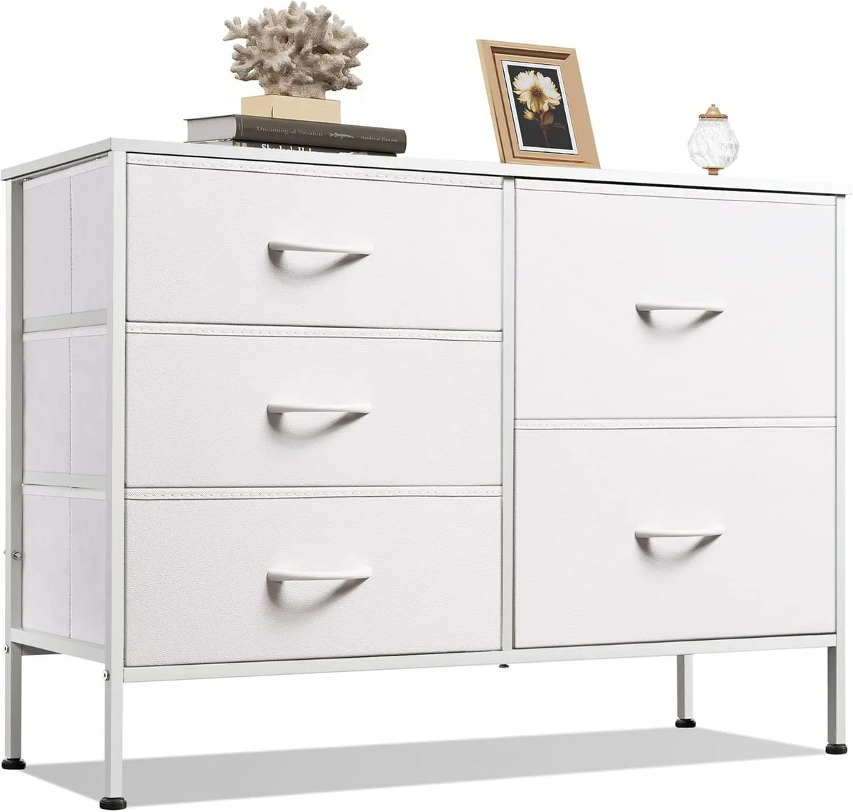 JHK Modern 5 Drawer Fabric Dresser With Metal Frame For Bedroom Living Room