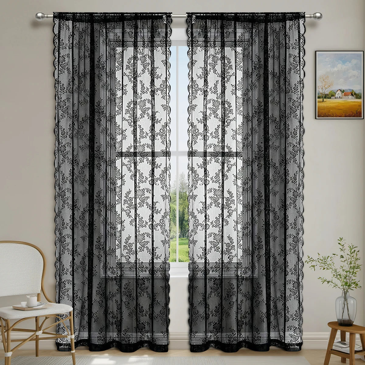Romantic Flower Lace Sheer Window Curtain With Rod Pocket