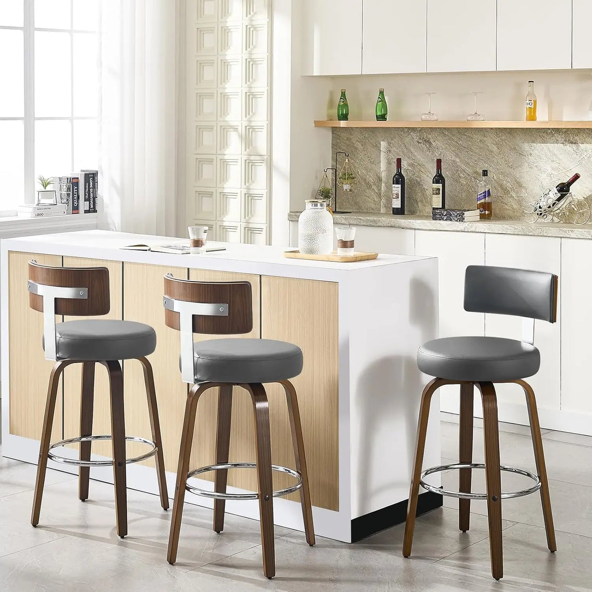 Elegant Kitchen Bar Stools With Leather Cushions And Wood Frames