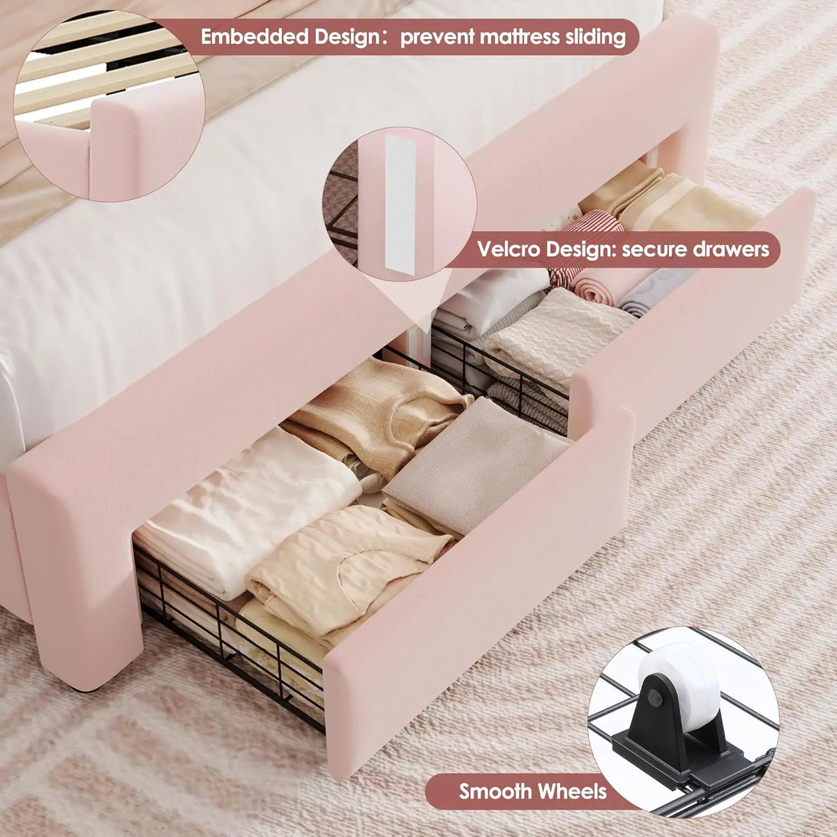 Full LED Bed Frame with USB Charging & 2 Drawers, Velvet Wingback Headboard, No Box Spring, Customized