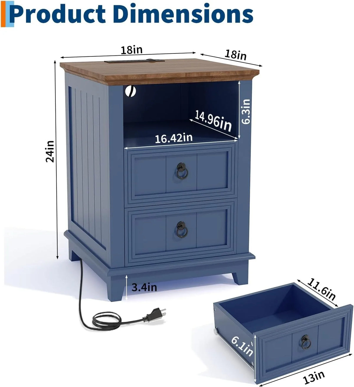 Modern Fluted Wood Nightstand With Usb Charging Station And Shelf