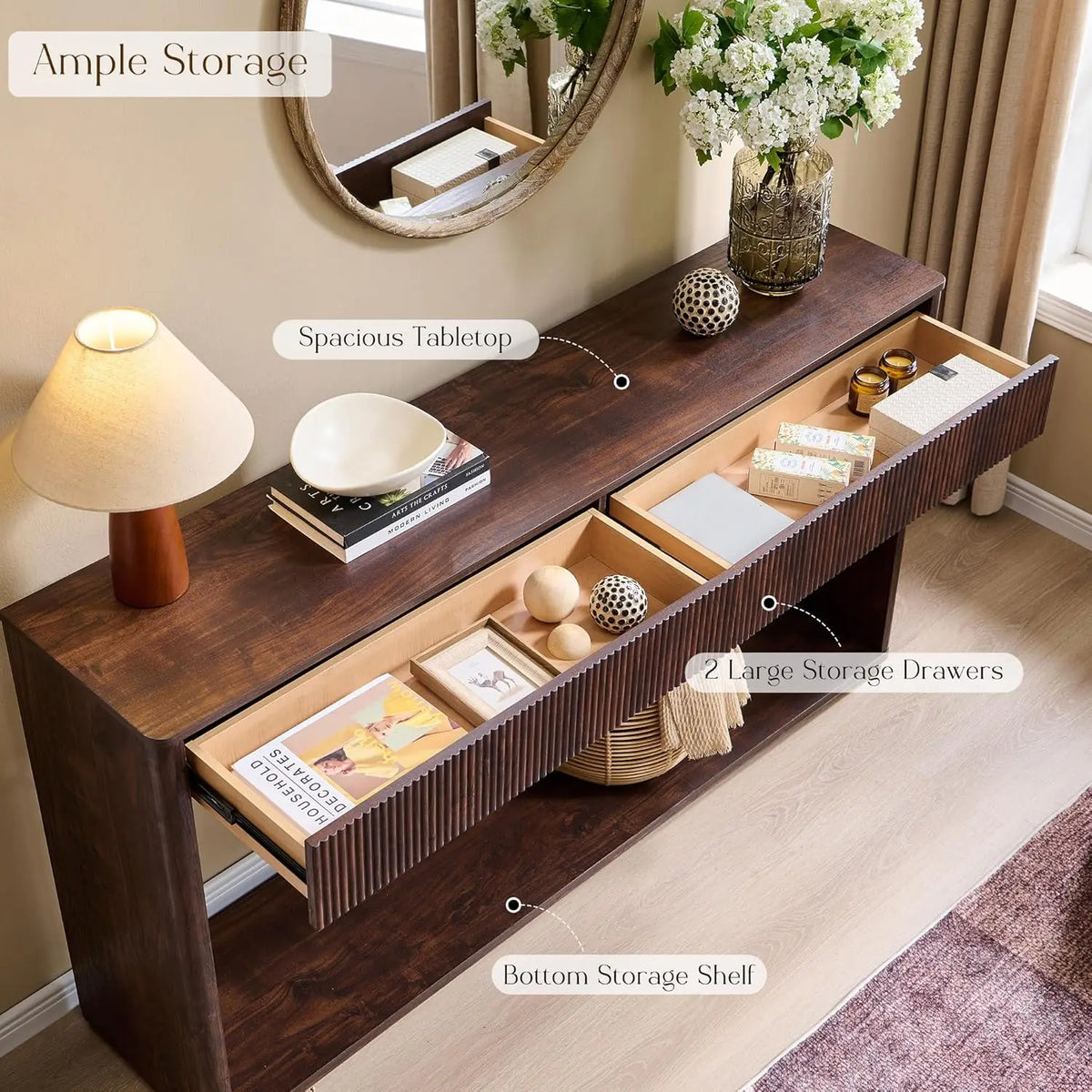 Fluted Engineered Wood Console Table With Two Large Drawers