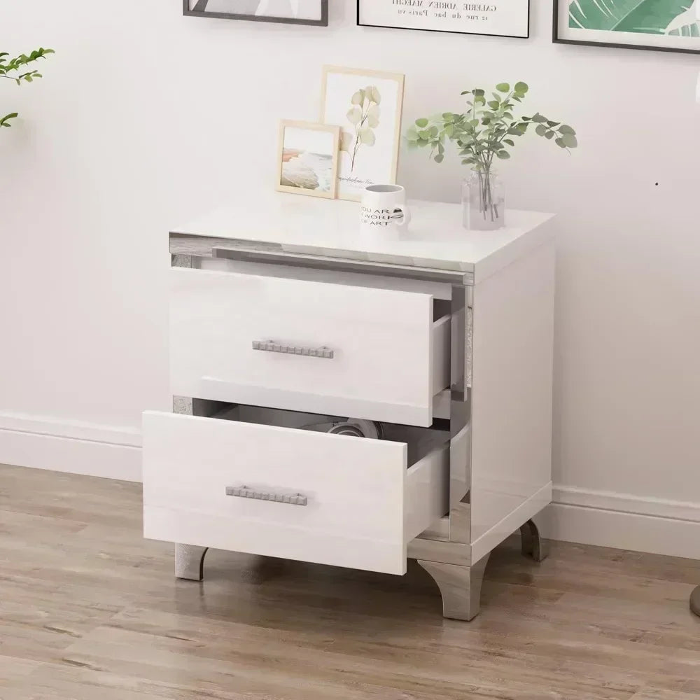 Modern Mirrored Nightstand With 2 Drawers And Metal Handles