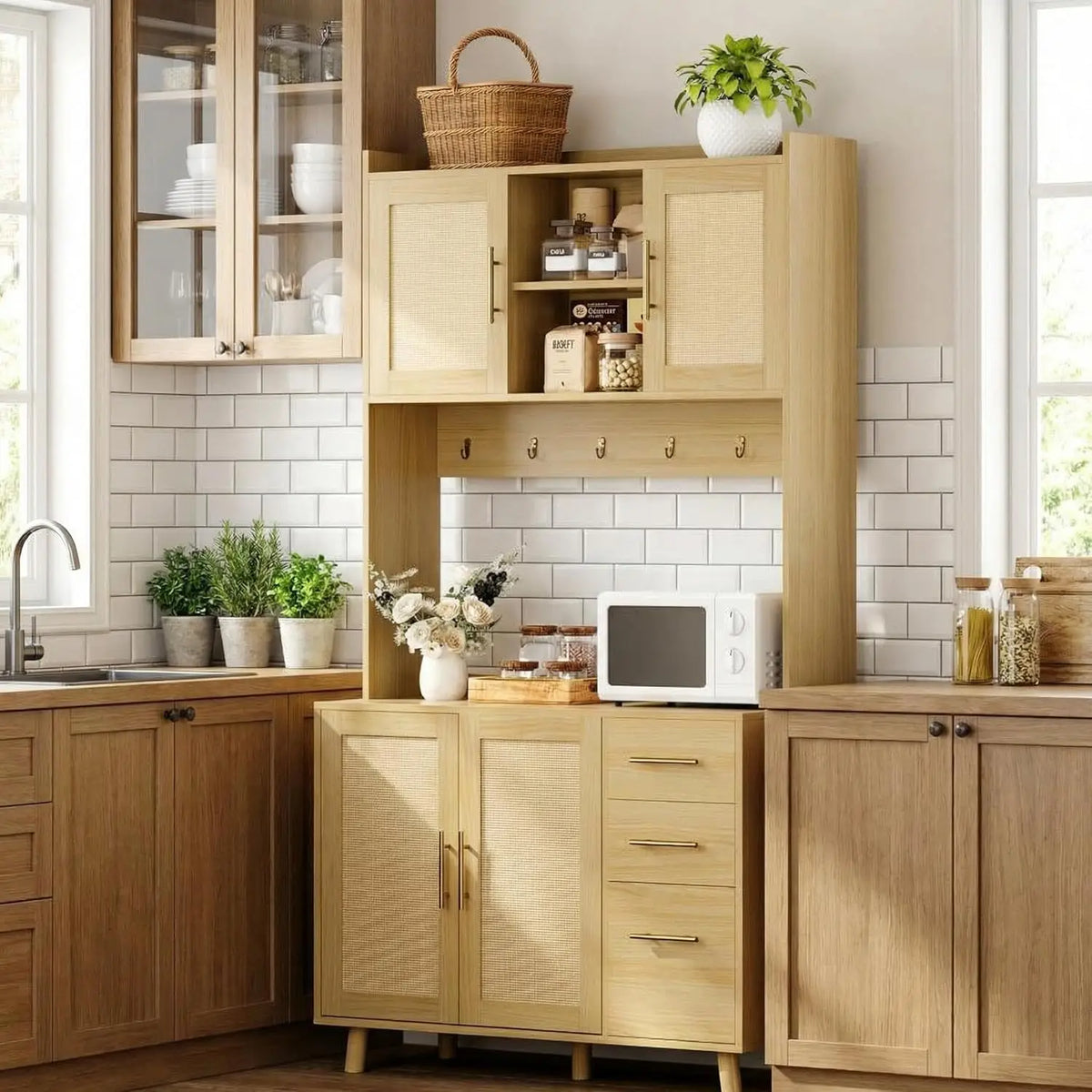HiMISS Freestanding Rattan Kitchen Pantry Storage Cabinet