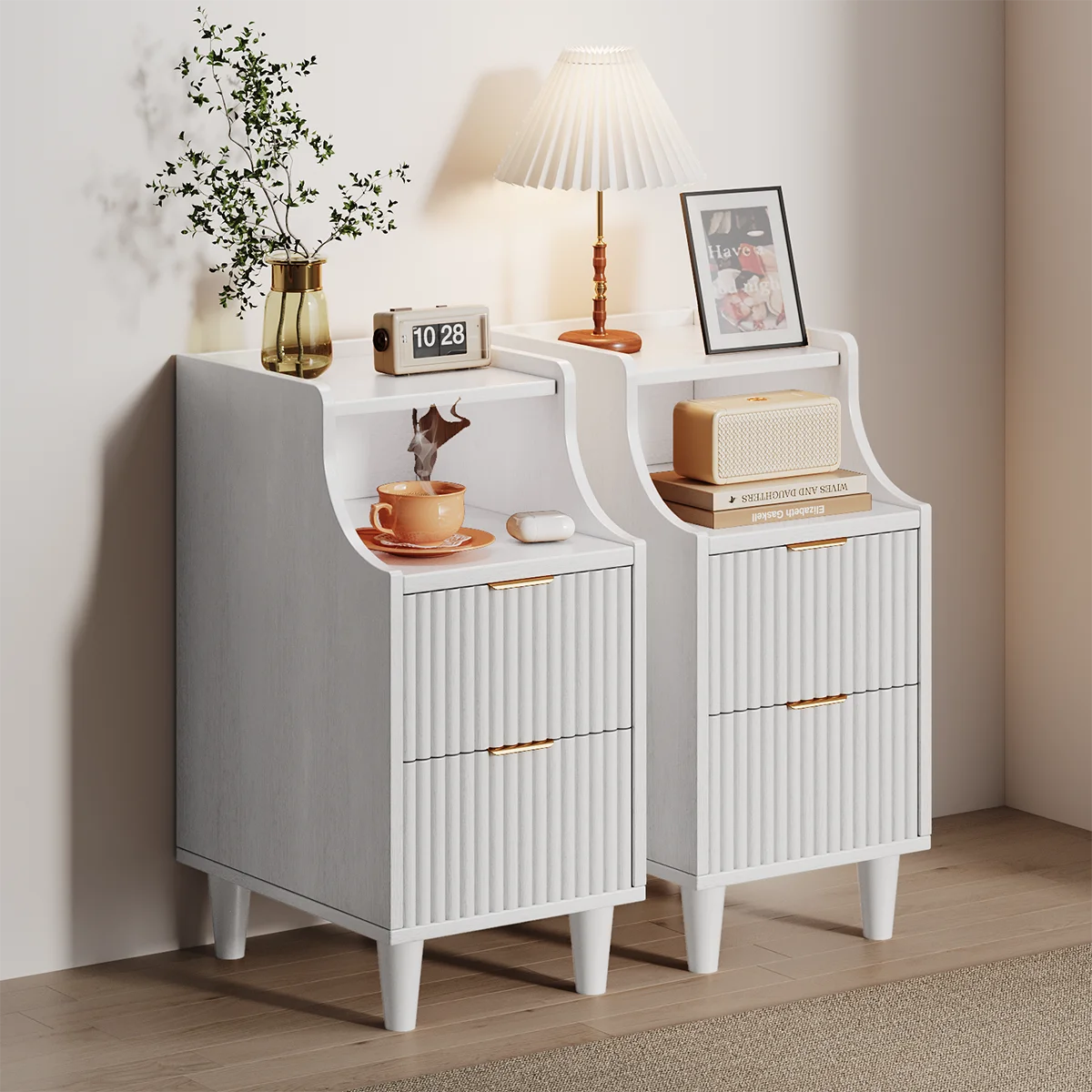 UGTOO Modern Narrow Nightstand With Two Drawers And Open Shelf