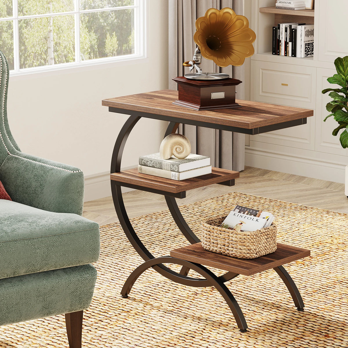 Tribesigns Industrial C Shape End Table Three Tier Storage Shelves