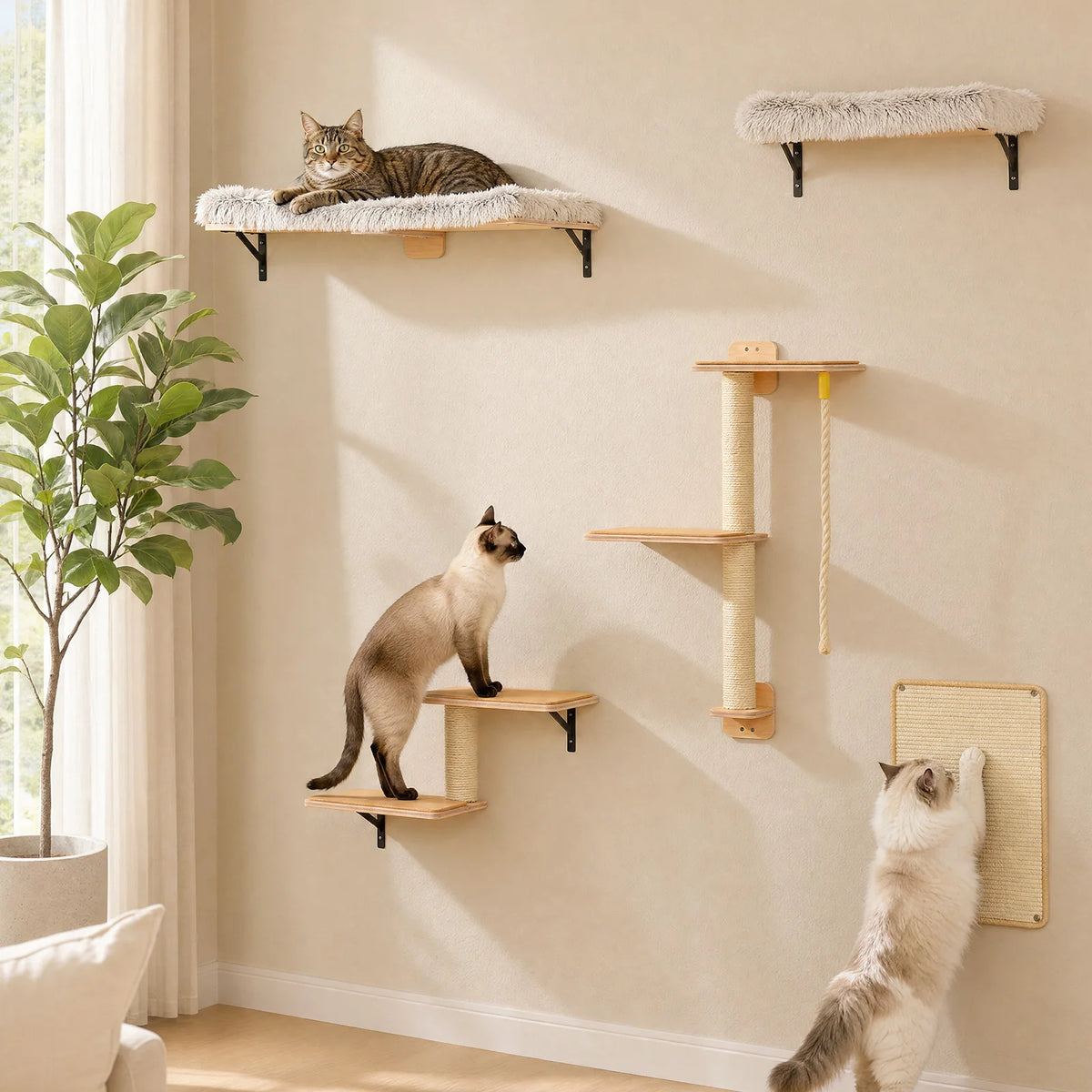 PAWZ Road Wooden Cat Climbing Wall Shelves Sisal Scraper Rope