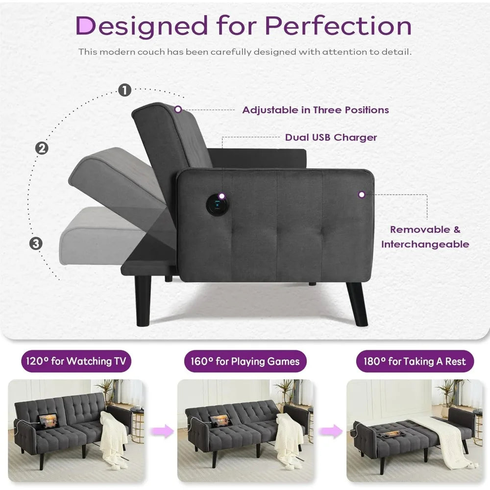 TYBOATLE Tufted Adjustable Futon Sofa Bed With USB Charging Ports