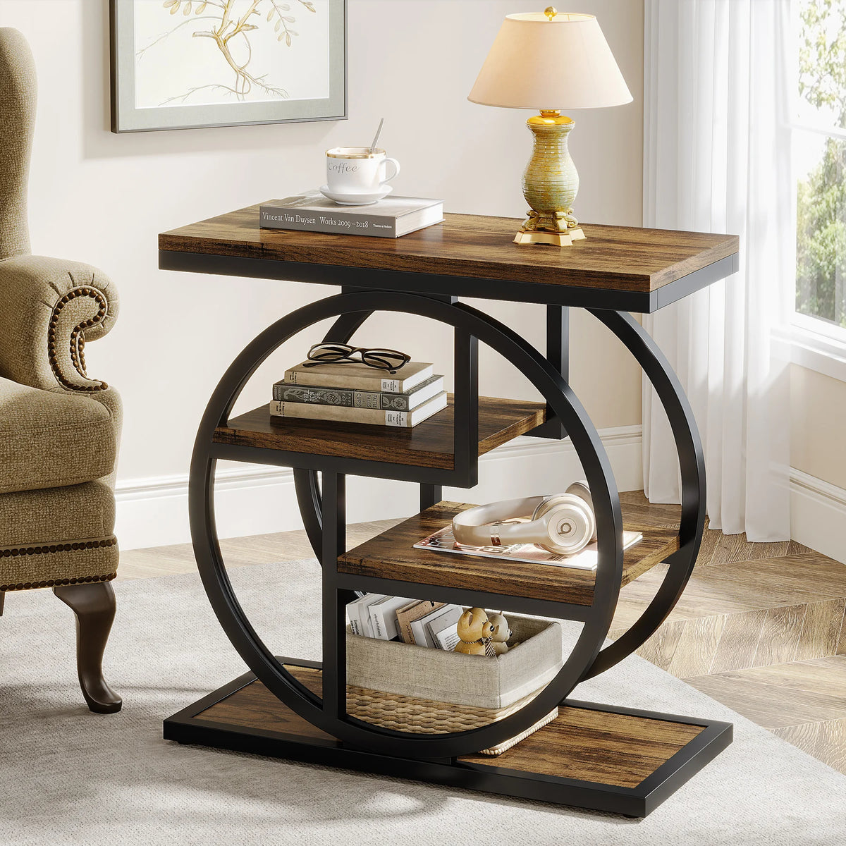 Tribesigns Industrial End Table With Open Storage Shelves For Home